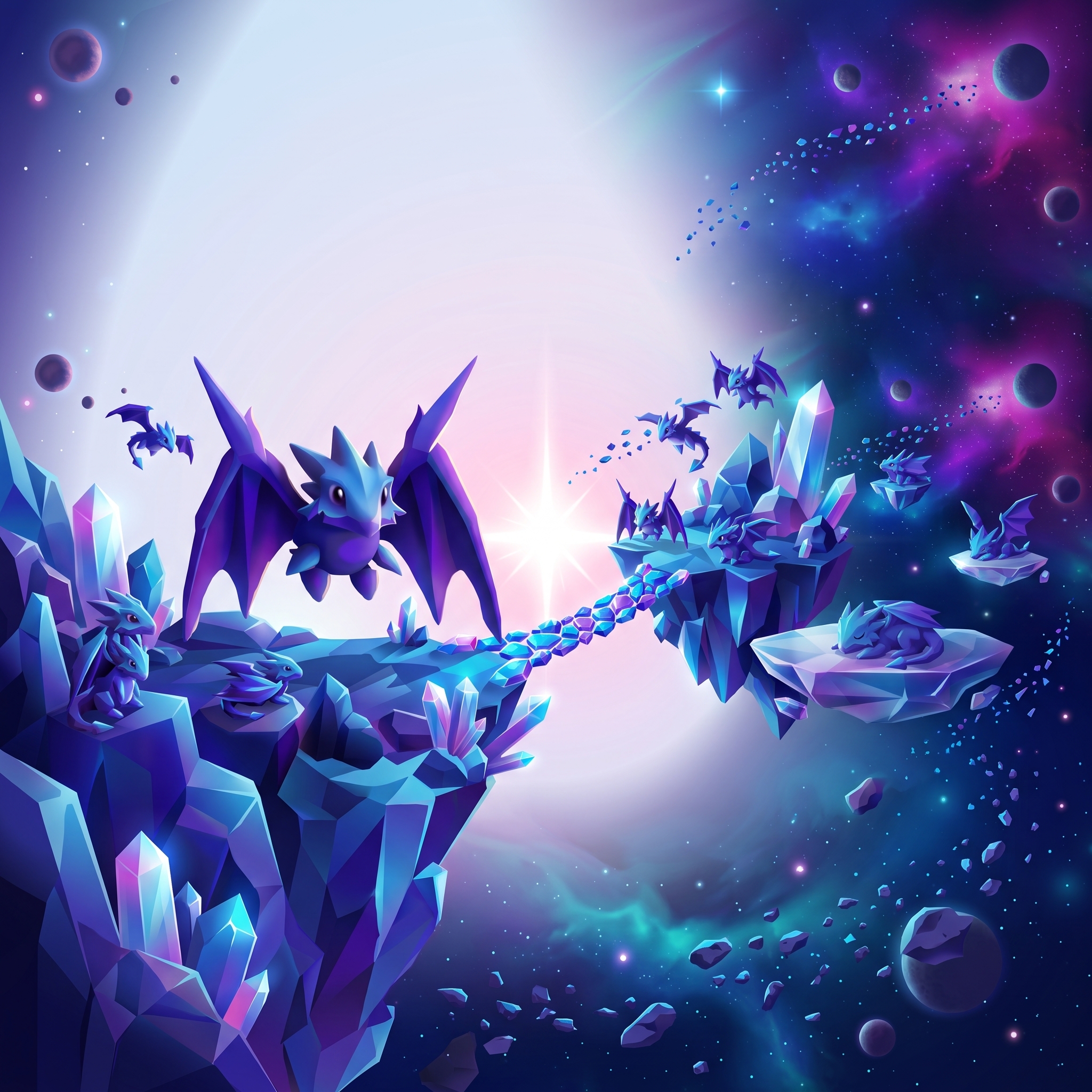 Blue and purple dragons among floating crystal islands in a star-filled realm